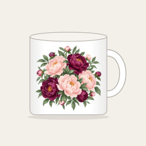 Blush and Plum Peony Garden Mug in white: Peonies and leaves in blush, plum and sage fill the artwork edge to edge.