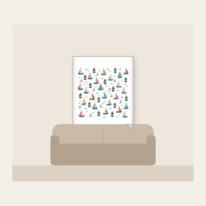 Tiny Sailboats and Harbour Lanterns Fleece Blanket in white: Tiny sailboats and harbour lanterns repeat in teal, coral and cream.