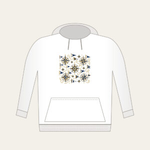 Compass Roses and Pennants Hoodie in white: Compass roses and pennants repeat in navy, gold and cream.