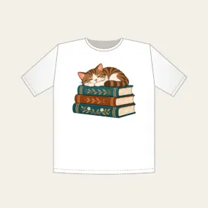 Cat Napping on Three Books T-Shirt in white: A cat curled up asleep on a stack of three books, in warm brown and teal.