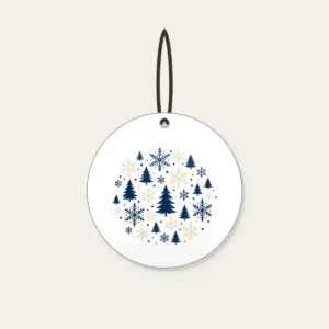Snowflakes and Pines in Navy and Cream Ceramic Ornament in white: Snowflakes and pines repeat in navy and cream.