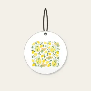 Lemonade Stand Pitchers and Lemons Ceramic Ornament in white: Lemonade pitchers, lemons and tiny straw sunbonnets repeat in yellow, white and mint.
