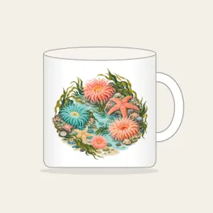 Coral Tidepool Anemones Mug in white: Anemones, starfish and sea grass gather in coral, teal and sand over a pale aqua ground.