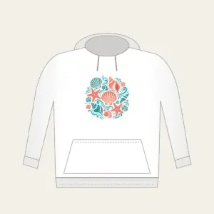 Shells, Starfish and Ripples Hoodie in white: Seashells, starfish and gentle ripples drift across the pattern in coral, teal and cream.