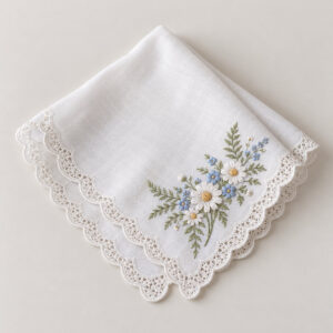 Lacework Embroidered Handkerchief with corner bouquet of daisies and ferns in pale blue, sage and white with a scalloped lace border
