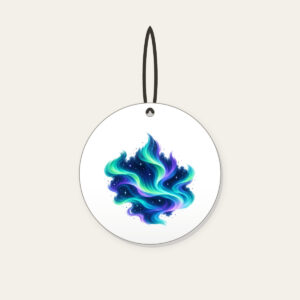 Northern Lights over Starry Navy Ceramic Ornament in white: Flowing aurora bands in green, teal and violet sweep over a deep navy sky dotted with tiny stars.