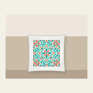 Aqua and Coral Mosaic Tiles Pillow in white: Mosaic tiles in aqua, coral and cream fit together across the artwork.