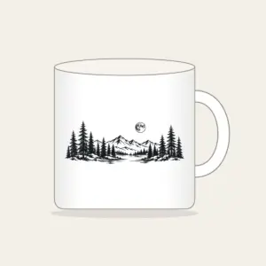 Pine Tree Line and Crescent Moon Mug in white: A single-tone pine tree in line drawing with a small moon curled around it.