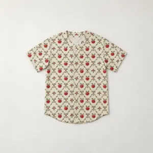 Orchard Diamond Simple Baseball Jersey with all-over diamond lattice with small apple and leaf motifs in red, cream and green