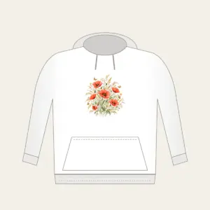 Poppies, Grasses and Tiny Butterflies Hoodie in white: All-over poppies, grasses and tiny butterflies in coral, gold and green on cream.