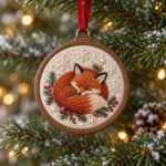 Faux wood hoop ornament embroidered with a curled fox and snowflakes