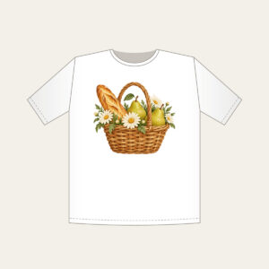 Baguette and Pear Basket T-Shirt in white: A woven basket holds a baguette, two pears and white daisies in warm tan, green and cream.