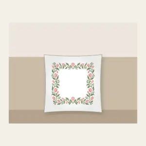 Sage Vine and Tulip Border Pillow in white: A border of curling sage vines and blush tulips around an empty center.