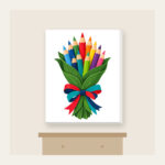 Pencil Bouquet Canvas Print in white: Colored pencils gathered like a bouquet in a green leaf wrapping with a red, teal and navy ribbon.