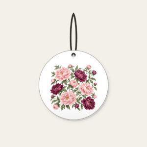 Peony Lace Garden Ceramic Ornament in white: Peony blooms and leaves in blush, plum and sage on cream with a lace-look border.