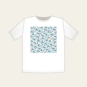 Tiny Waves and Pebbles Repeat T-Shirt in white: A small-scale repeat of waves and pebbles in navy, teal and sand.