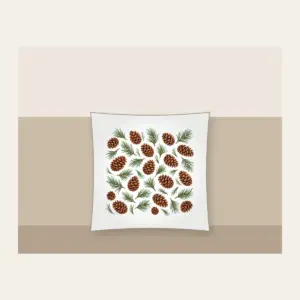 Scattered Pine Cones and Needles Pillow in white: Pine cones and needles scatter in brown and green.
