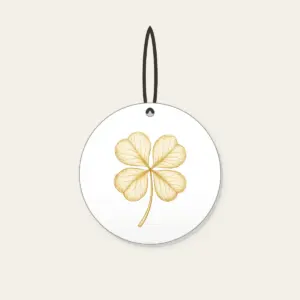 Four-Leaf Clover Botanical Plate Ceramic Ornament in white: A four-leaf clover with its roots, drawn in cream and gold line art in the style of a botanical plate.