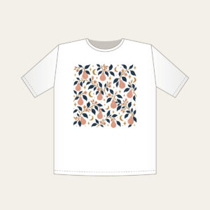 Pear Branches and Crescent Moons T-Shirt in white: Pear branches, tiny crescent moons and stars repeat in dusty rose, gold and deep navy.