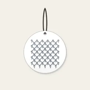 Navy Lattice with Tiny Keys Ceramic Ornament in white: A lattice of thin navy lines on cream, with a tiny repeating key motif.