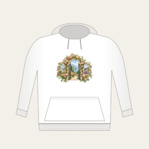 Rose Garden Gate Arch Hoodie in white: An arched garden gate wrapped in blush and green climbing roses, with botanical and landscape scenes in its openings.