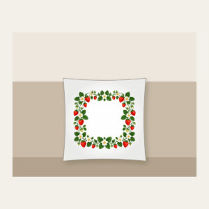 Strawberry and Blossom Border Pillow in white: A border of strawberries and blossoms in red, cream and green surrounds a plain center.
