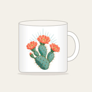 Prickly Pear with Three Coral Blossoms Mug in white: A prickly pear cactus with three coral blossoms and fine sun rays in weathered turquoise and coral.