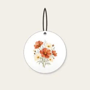 Terracotta Cosmos and Buttery Daisies Ceramic Ornament in white: Loose watercolor cosmos in terracotta beside buttery daisies on fine sage stems.