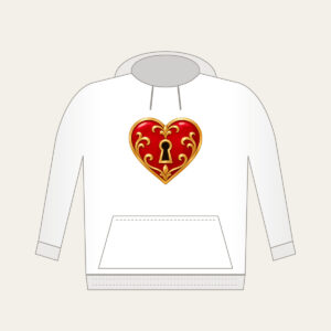 Heart and Keyhole in Red and Gold Hoodie in white: A small heart with a keyhole in red and gold on a clean ground.