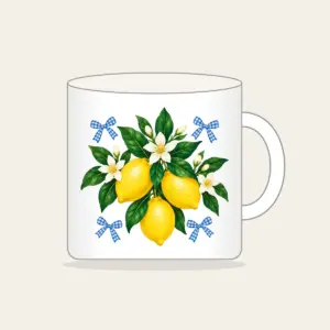 Lemons with Gingham Corners Mug in white: Bright yellow lemons and deep green leaves on a clean white ground, tucked with small blue gingham accents.