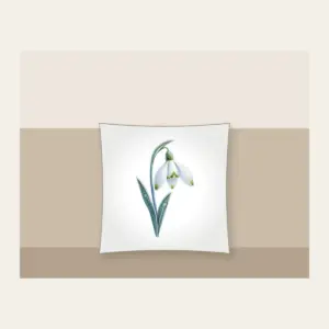 Frosted Snowdrop Blossom Pillow in white: A snowdrop flower with white petals, green tips and a pale blue stem, drawn with a delicate frost texture.