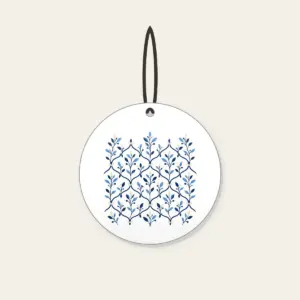 Navy Trellis and Leaf Pattern Ceramic Ornament in white: A repeating trellis of fine lines and small leaves in navy, sky blue and cream.