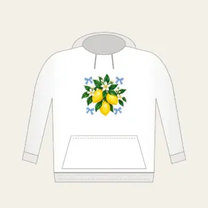 Lemons with Gingham Corners Hoodie in white: Bright yellow lemons and deep green leaves on a clean white ground, tucked with small blue gingham accents.