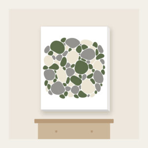 River Stones in Moss and Grey Canvas Print in white: Smooth river stones in moss green, grey and cream are traced with fine white outlines.