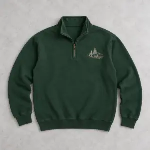 Forest Green quarter zip laid flat with a small embroidered pine ridge
