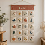 Hanging pocket organizer with illustrated pockets in muted autumn colours