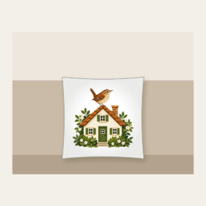Wren on the Rooftop Pillow in white: A small house with a wren on its roof in warm brown, cream and green.