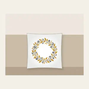 Gold Botanical Leaf and Berry Wreath Pillow in white: A fine botanical wreath of leaves and berries drawn in dark lines on a gold ground.