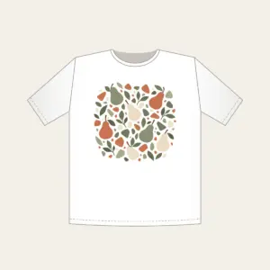 Pear and Pebble Terrazzo Garden T-Shirt in white: All-over terrazzo of pears, leaves and pebbles in sage, terracotta and cream.