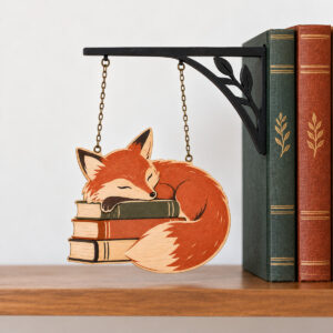 Reading Fox Bookshelf Sign with flat rust-and-cream fox curled around books, hanging by two chains from a thin black wood bracket