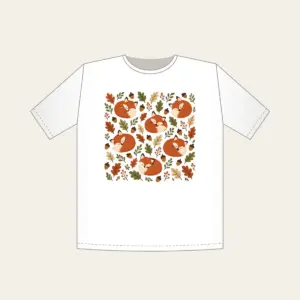 Curled Foxes, Acorns and Leaves T-Shirt in white: Curled-up foxes, acorns and leaves repeat in rust, cream and moss.