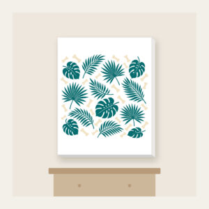 Palm Leaves and Little Bones Canvas Print in white: Palm leaves and small bones in teal and cream, scattered all over.