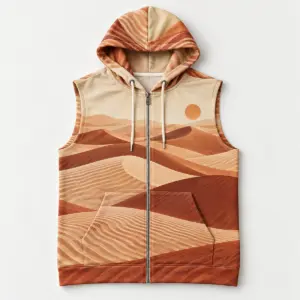 Dune Ripple Sleeveless Zip Hoodie with sand dune ripples in warm tan, terracotta and cream with a small sun