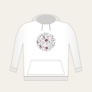 Crescent Moons and Wildflowers in Plum Hoodie in white: Crescent moons, wildflowers and tiny stars repeat in plum, mint and cream.