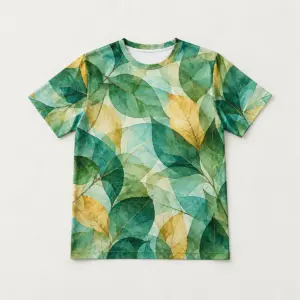 Prism Leaf Tee with overlapping translucent leaves in green, aqua and gold