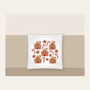 Gingerbread Houses and Candy Canes Pillow in white: Little gingerbread houses, candy canes and stars dance across cream in brown and red.