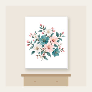 Teal Blossom Scatter Canvas Print in white: Small blossoms in teal, white and pale pink scattered across a pale grey ground.