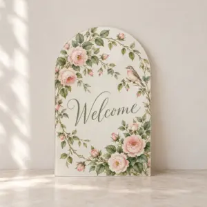 Storybook Arch Acrylic Welcome Sign with 2-side printed arch with climbing roses and a small bird in blush, green and cream, "Welcome", no other text