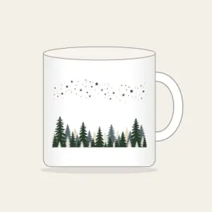Pine Silhouettes under Scattered Stars Mug in white: A band of pine silhouettes runs along the lower edge beneath a drift of tiny stars in slate, forest green and cream.