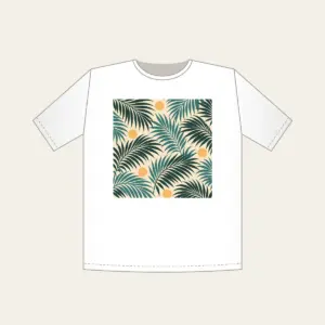 Palm Frond Shadows on Sand T-Shirt in white: A repeat of palm frond shadows in teal and deep green on a sandy cream base, with small sun circles.